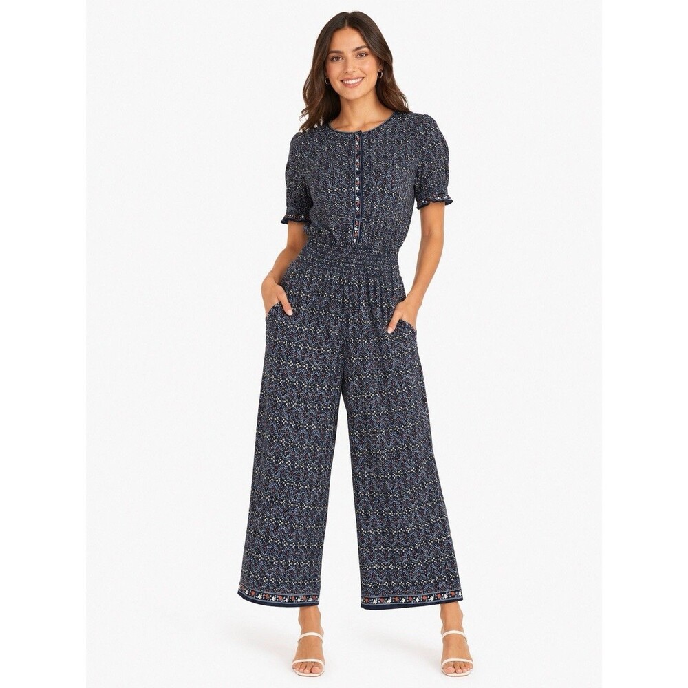 Max Studio Jumpsuit Womens Large Boho Floral Wide Leg Cropped Romper Blue